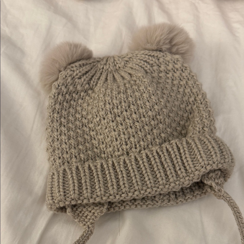 Zara Kids Knit Hat with Pom-Poms - Beige